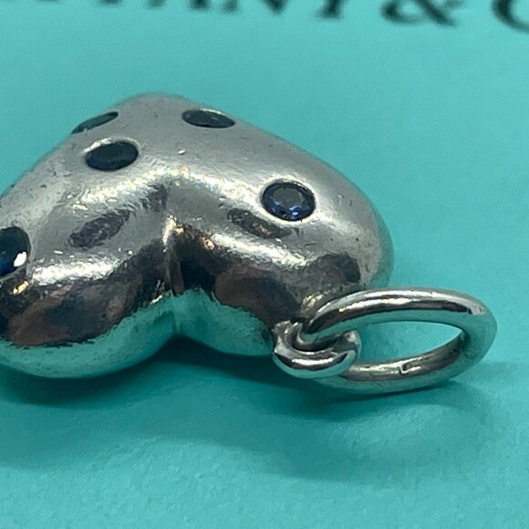 RARE Tiffany & Co. Blue Sapphire Etoile Heart Charm Pendant Sterling Silver - Picture 4 of 15